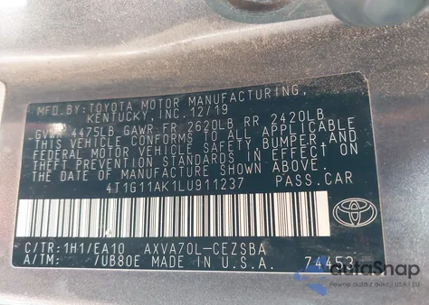 2020 Toyota Camry Se z USA, uszkodzony, nr VIN 4T1G11AK1LU911237